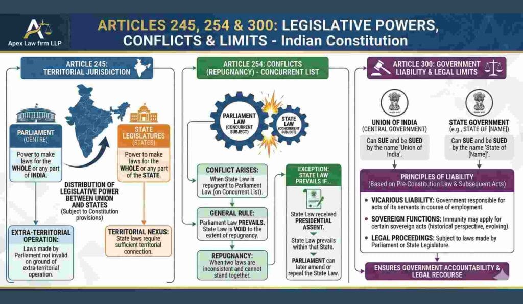 Articles 245, 254 & Article 300 Legislative Powers, Conflicts & Limits